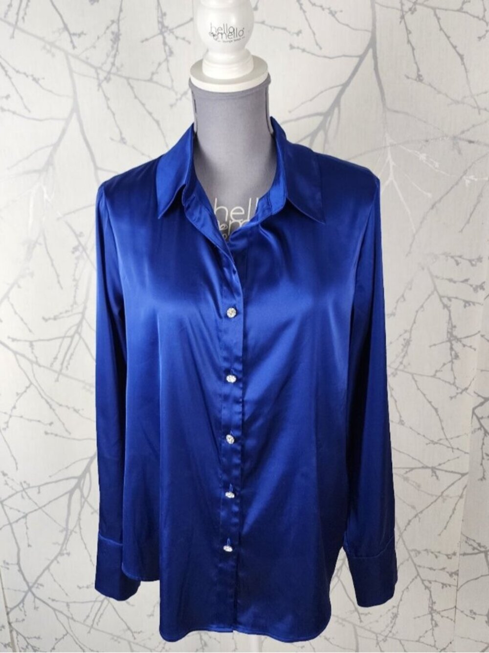 Laura Royal Blue Satin Stretch Diamond Button Front Blouse